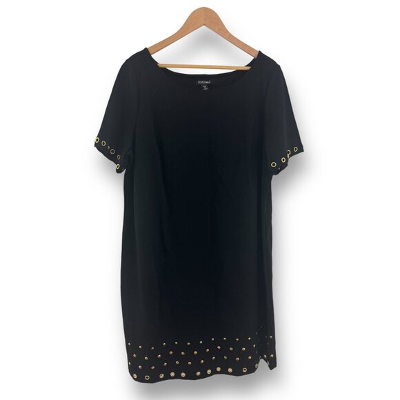 Size 16W 1X BLACK PONTE KNIT SHIFT DRESS Gold Embellished Fall Winter PLUS‎ SIZE - Picture 2 of 8